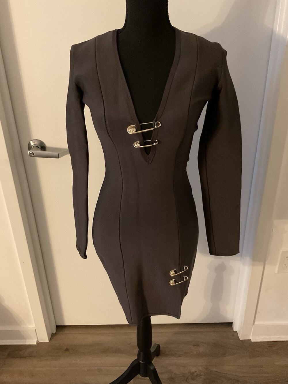 House Of CB Ramona Safety Pin Dress Brown Mini Long Sleeve JLO Hustlers Size XS